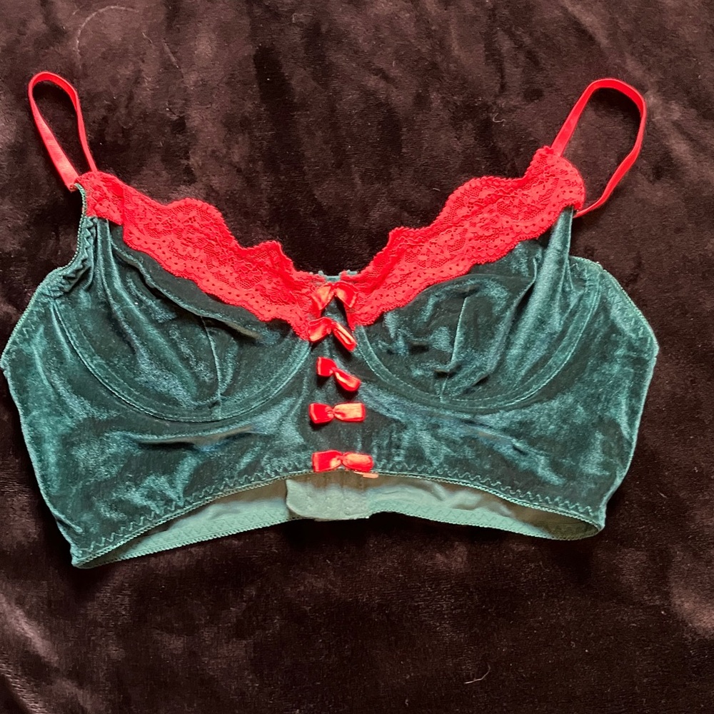 Velvet Lace Trim Bralette - Green and Red